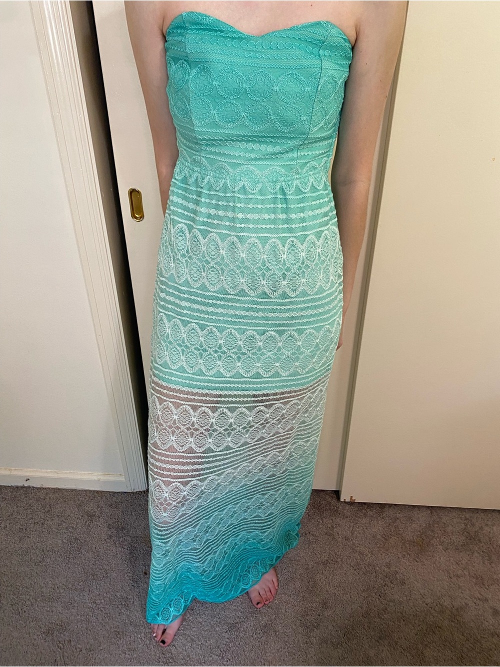 Honey and Rosie Strapless Mint and White Lace Maxi Dress size 3 dip-dye teal